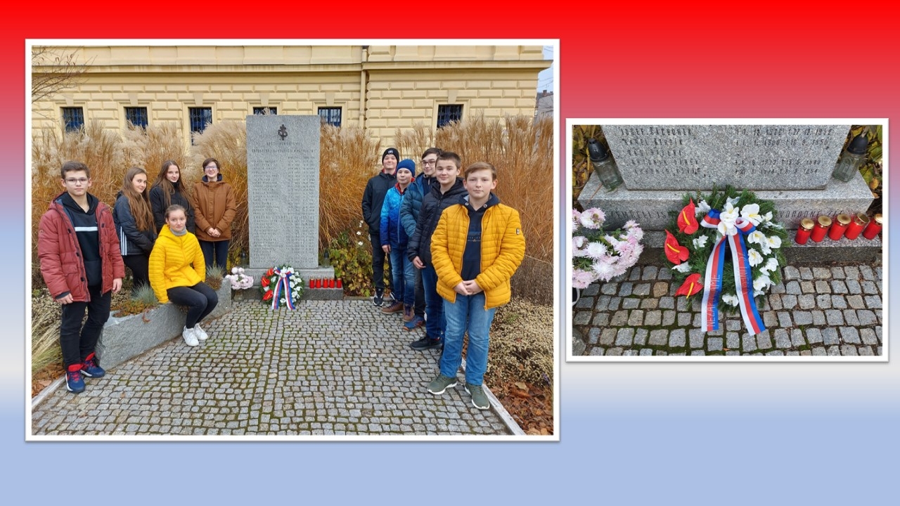 Dne 16. listopadu položili věnec a zapálili svíčky žáci 8.C k pomníku obětí komunistického režimu v Uherském Hradišti ( vedle bývalé věznice).