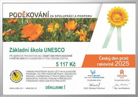 ZŠ UNESCO obdržela certifikát za podporu květnové sbírky Český den proti rakovině 2025