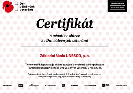 ZŠ UNESCO obdržela certifikát za účast v listopadové sbírce Den válečných veteránů 2025
